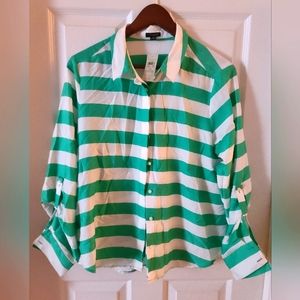 Silk Ann Taylor Green & White Stripped Button Down